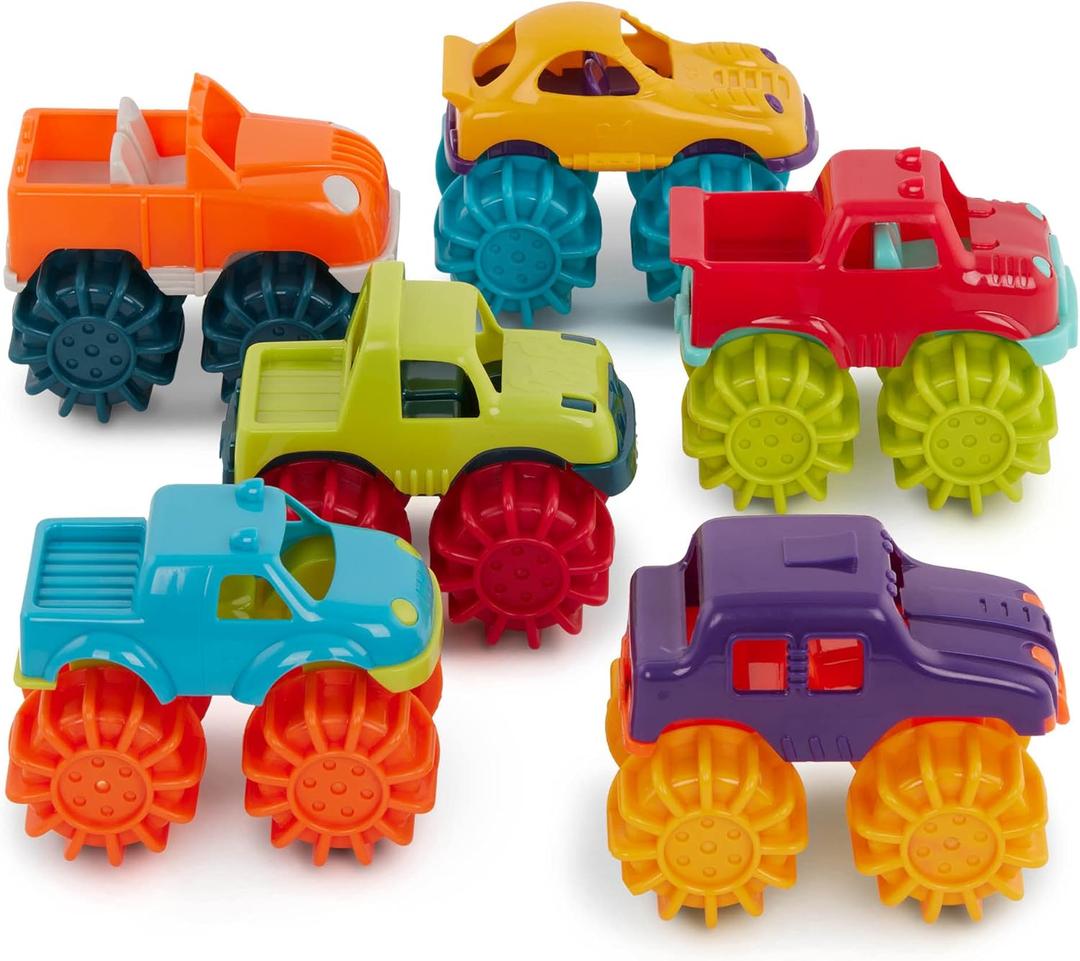 Battat  Plastic Toy Cars  6 Pack & Storage Bag  Colorful Toddler Trucks  Easy To Clean  2+ Years  Mini Monster Trucks