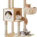 Feandrea Cat Tree, 65-Inch Tall Cat Tower, Multi-Level Condo with Cave, Basket, Hammock, Pompom, Scratching Posts, Almond Yellow UPCT118Y01