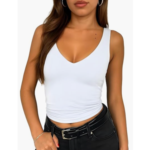 ForeFair Women's Sleevelsee V Neck Crop Tank Top Summer Double Layer Going Out Workout Casual Basic Tops M