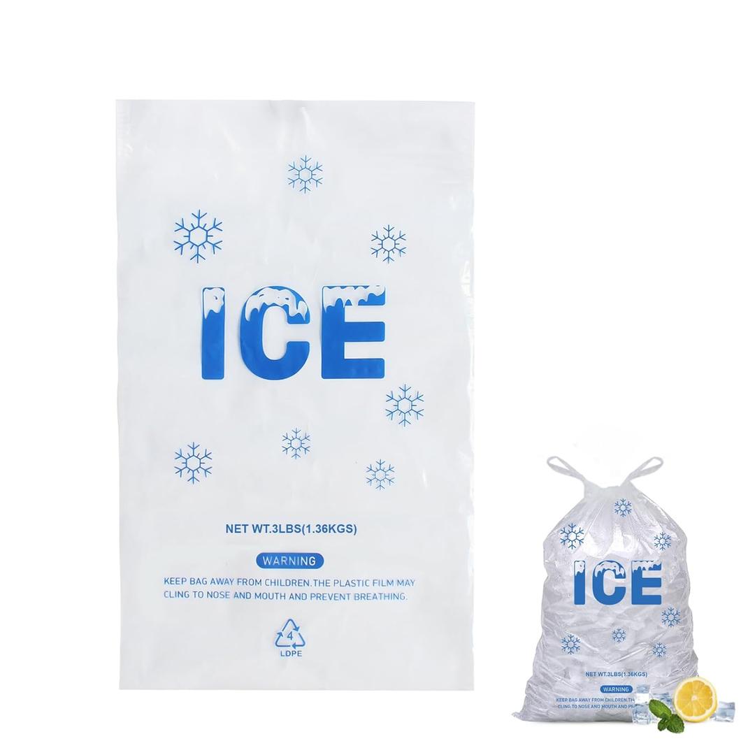 200 PACK 3 lb. Plastic Drawstring Ice Bags 9 x 15.5 Inch Heavy-Duty Plastic Ice Bags with Plastic Draw String (2mil Thickness)