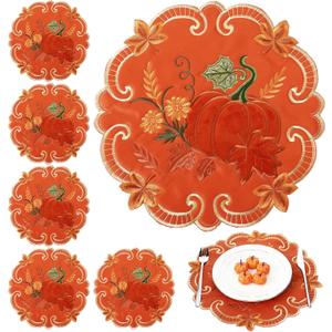 HunnmingRe Thanksgiving Placemats Set of 6 Thanksgiving Velvet Embroidered Pumpkin Placemats 14 Inch Fall Harvest Table Mats Set Home Kitchen Dining Table Holiday Party Decoration