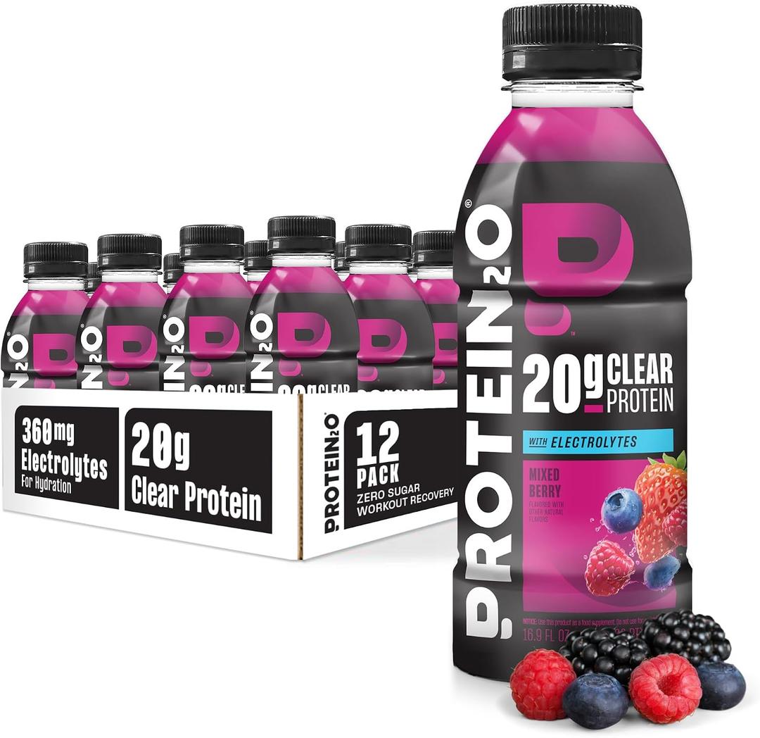 Protein2o Hydration Drink - 2-in-1 Liquid Clear Whey Protein Isolate and Electrolyte Drink - 20g Protein, Vitamins B5, B6 - Post-Workout Recovery - 16.9 Fl Oz - 12 Count Mixed Berry (EXP 10/31/27)