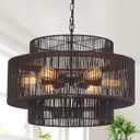 Hand-Woven Rattan Chandelier Vintage 6-Light Farmhouse Boho Bamboo Chandeliers Light Fixture 23.6" Retro 3-Tier Drum Wicker Rattan Black Chandelier for Dining Room, Kitchen Island, Bedroom (Black 6-Light)