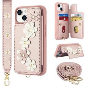 Compatible with iPhone 13 / iPhone 14 Wallet Case with Card Holder for Women, Kickstand, Crossbody Lanyard, Wrist Strap Flower Leather Flip Cover Designed for iPhone 13/14 6.1", Rose Gold
