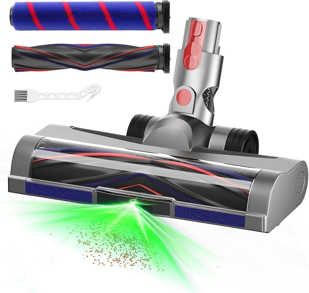 LED Green Light Vacuum Head Replacement for Dy-son V7 V8 V10 V11 V15 Cordless Vacuum Cleaner, Quick Release Head Attachments with 2 Pack Anti-Tangle & Soft Motorhead Roller Brushes