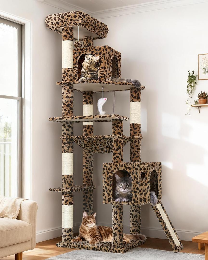Globlazer Heavy Duty Cat Tree Tower, 70inch Sturdy Cat Tree for Indoor Cats Sturdy Large Cat Tower with Scratching Post and Board, Hammock, 2 Cat Condo for Adult Cats Kittens, F70 Pro, Leopard Print
