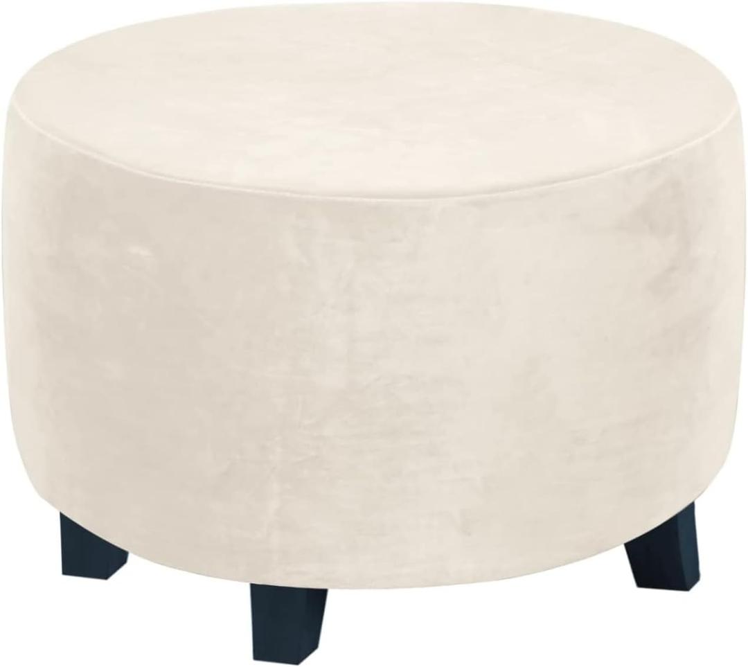Velvet Plush Ottoman Cover, Super Stretch Round Ottoman Slipcover Washable Storage Stool Furniture Protector for Living Room (Beige,X-Large)