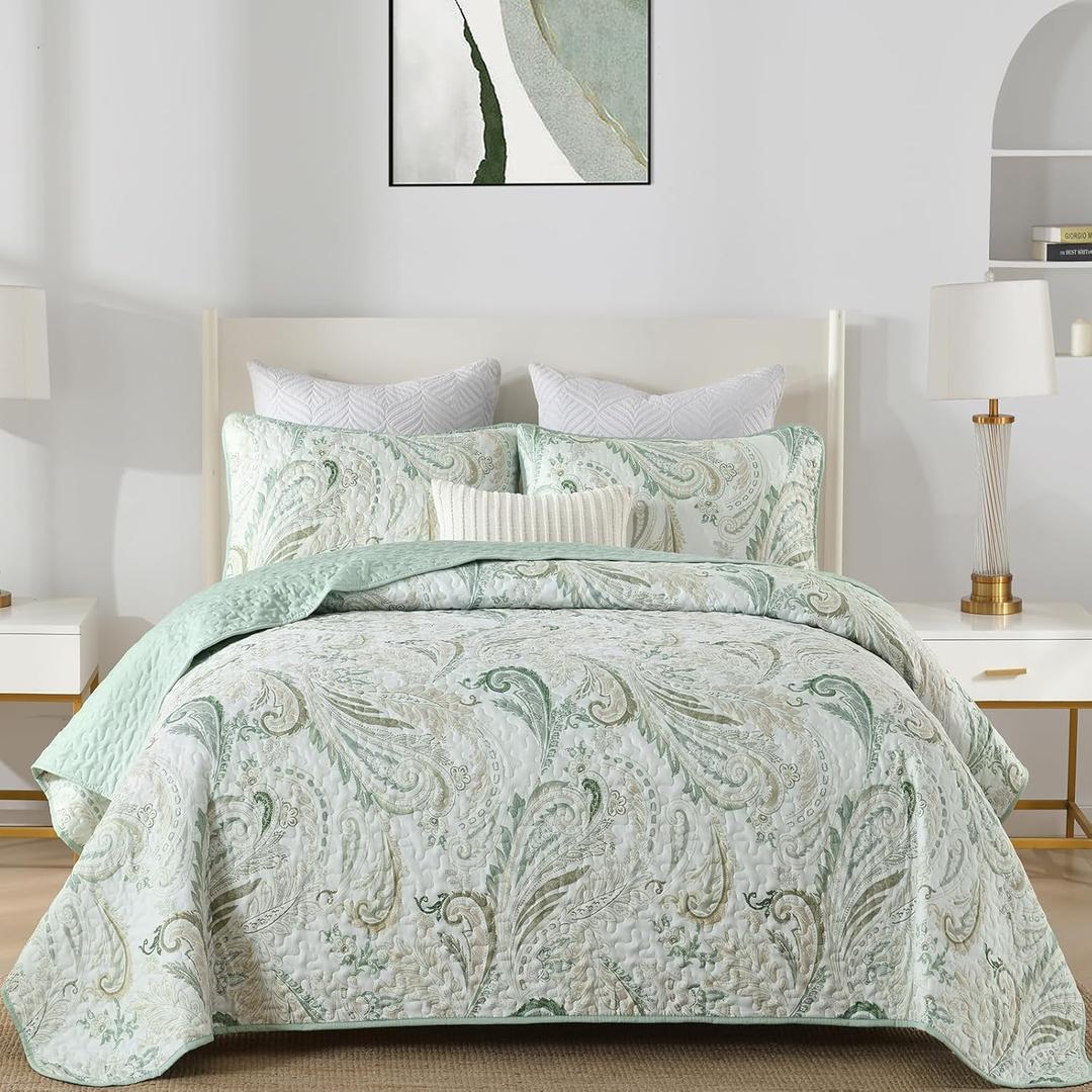 WONGS BEDDING Boho Quilt Set King,Sage Green Paisley Floral Pattern Bedspread Coverlet Set with 2 Pillowcases,Lightweight Microfiber Bohemian Quilt Bedding Set 104"90"