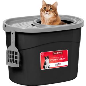 IRIS USA Cat Litter Box Large Top Entry with Lid Enclosed Covered Hooded Design Litter Catching Scatter Shield Pan Dog Proof Pet Proof Scoop Included Odor Control for Indoor Cats Kittens Black/Gray