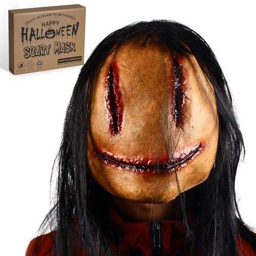 Homgaty Creepy Halloween Mask with Hair, Horror Devil Mask Natural Latex Stitching Female Men Ghost Mask for Theme Party, Cosplay, Horror Challenge 