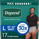 Depend Fresh Protection Adult Diapers, Incontinence Underwear for Men, Disposable, Maximum, Large, Grey, 17 Count