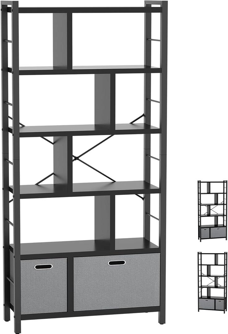 armocity 74 Inch Tall Bookshelf, 6 Tier Bookcase with Drawers, Modern Book Shelf Display Standing Shelf Units with Storage, Wood and Metal Bookshelves for Living Room, Bedroom, Home Office, Black