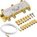 Justech 6 Way Coaxial Cable Splitter TV Aerial Coax Splitter MoCA 5-2500MHz with 1.5m Coax Cable F Plugs for Sky Box Telewest Eurovox Starview Dreambox- Gold Plated