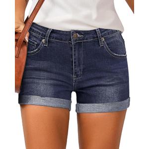 LookbookStore Women's High Waisted Rolled Hem Distressed Jeans Ripped Denim Shorts (M)