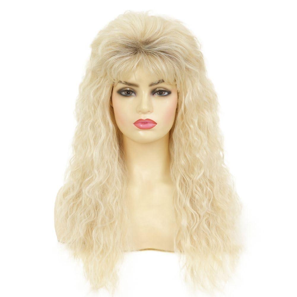 Blonde Long Curly Wig for Women 70s 80s Rocker Punk Wigs with Bangs Cosplay Halloween Costume Party Wigs