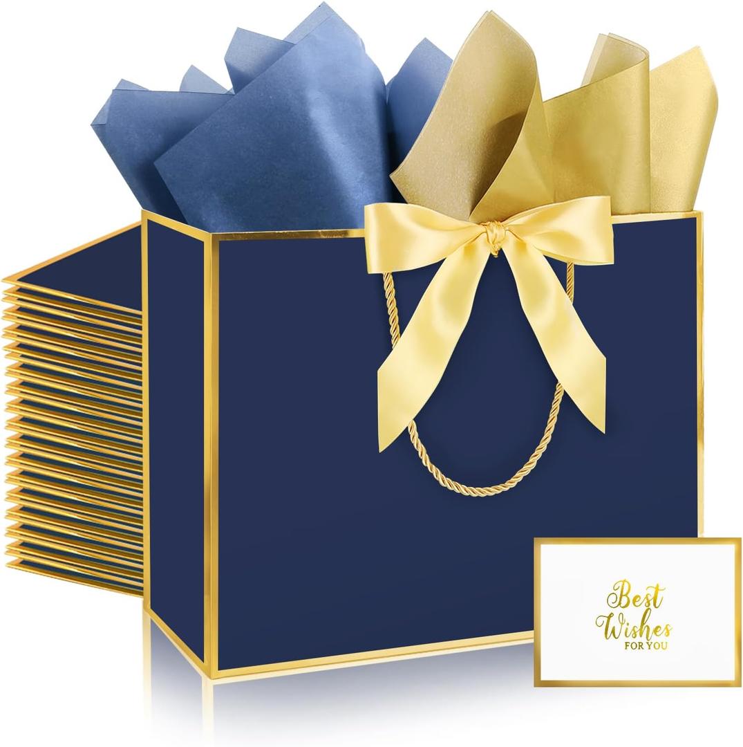 Addblu 12 Pack Large Navy Blue Gift Bags with Handles, 12.6x10x4'' Includes 36 Tissue Papers, Bow Ribbon & Cards for Wedding, Birthday, Bridesmaid, Groomsmen, Valentine's Day, Easter (Navy Blue and Gold, 12pcs)