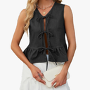 Women's Denim Vest Top Sleeveless V Neck Tie Front Jean Vest Summer 2025 Trendy Casual Waistcoat Y2K Peplum Tank Top, Size S, Black