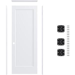 JUBEST 30"x80" Left-Hand Prehung Interior Door with Knock Down Jamb Kit & Matte Black Hinges, 1-Panel White Primed Hollow Core Molded Door Slab with Bore & Hinge Cutout, Durable & Sturdy, No Handle