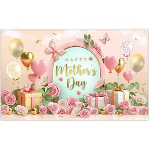 ZTHMOE Fabric 72x43inch Happy Mother's Day Photography Backdrop Gifts for Women Gold Balloons Pink Flowers Background Thanks Party Decoration Photo Banner Booth