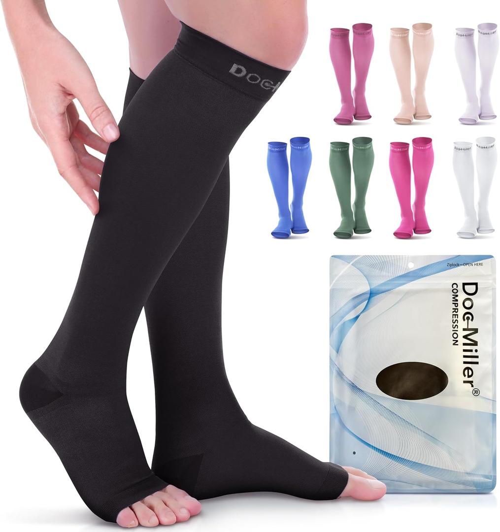 Doc Miller Open Toe Compression Socks, 20-30 mmHg, Toeless Compression Sleeves for Legs, Knee High Stockings for Shin Splints, Varicose Veins, Travel, Calf Support & Muscle Recovery, Men & Women, Pair (X-Large, Black)