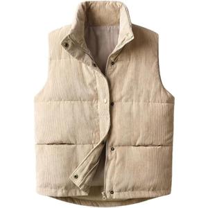 Womens Corduroy Puffer Vest Stand Collar Zip Snap Button Sleeveless Warm Waistcoat Padded Gilet (X-Large, Apricot)