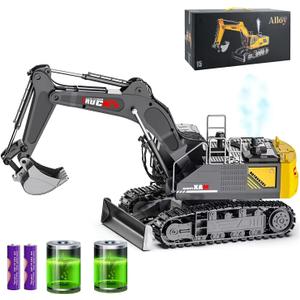 15 Channel RC Excavator Metal Shovel,RC Digger Construction ToysDozer Tractor,Simulated Smoke, Sound, Metal Digging Head, Best Gift for 3+ Old Boys Adults