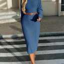 Saodimallsu Womens Long Sleeve Midi Sweater Dress Crew Neck Swiss Dot Soft Knit Casual Fall Trendy Maxi Dresses (Large, Navy)