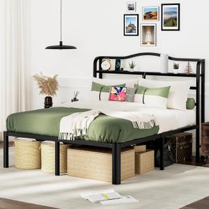 Full Size Bed Frame with Headboard 18 Inch Tall Bed Frames with Storage & Charging Station Black Basic Bed Base Mattress Foundation,No Box Spring Needed,Heavy Duty Metal (18 Inch, Full)