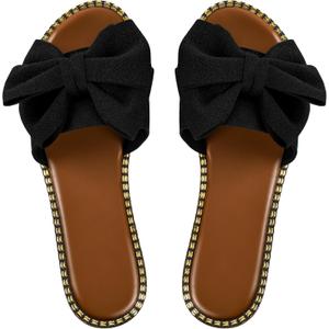Women's Bow Knot Slides Open Toe Flat Sandals Summer Slip On Slippers (8, Black)