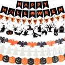 Halloween Decorations Indoor Party Decor, HAPPY HALLOWEEN Accessories with TRICK OR TREAT Banner, 3 PCS Large Garland Bat Ghost Pumpkin, Hanging Party Supplies Backdrop for Home Office Classroom