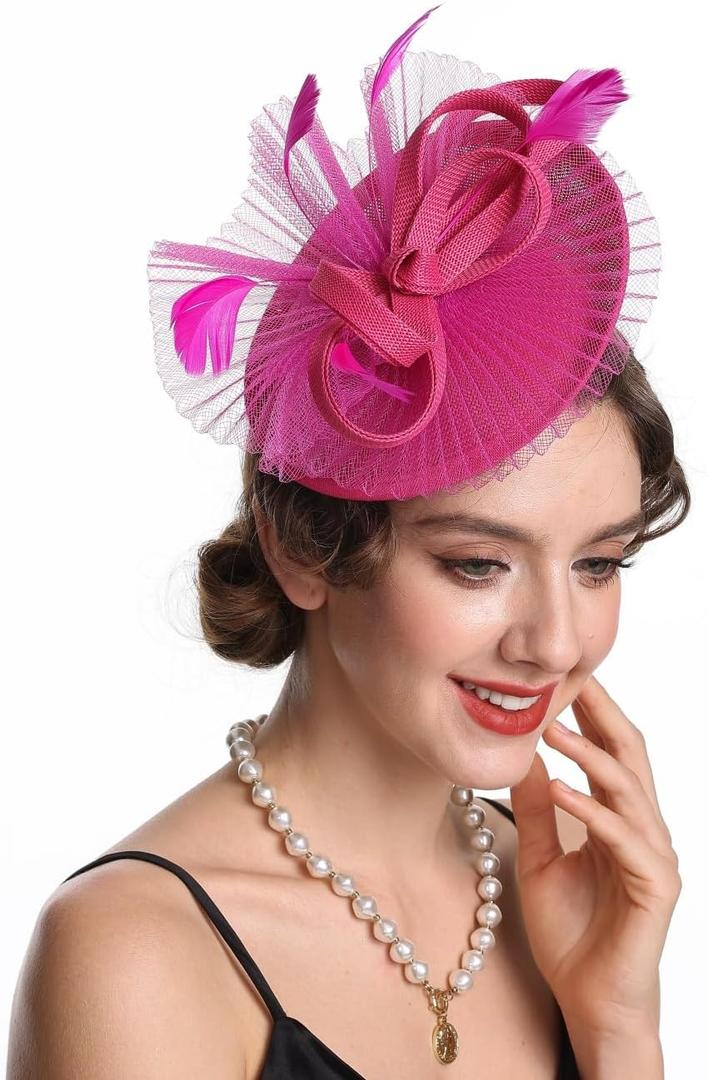 SAFERIN Fascinator for Women Hair Clip Hat Bowler Feather Flower Veil Wedding Party Tea Hat (Pink)