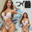 Avidlove Women Lingeries Deep V Teddy Lingerie Sexy Lace Bodysuit Cut Out One Piece Mini Babydoll (White, L)