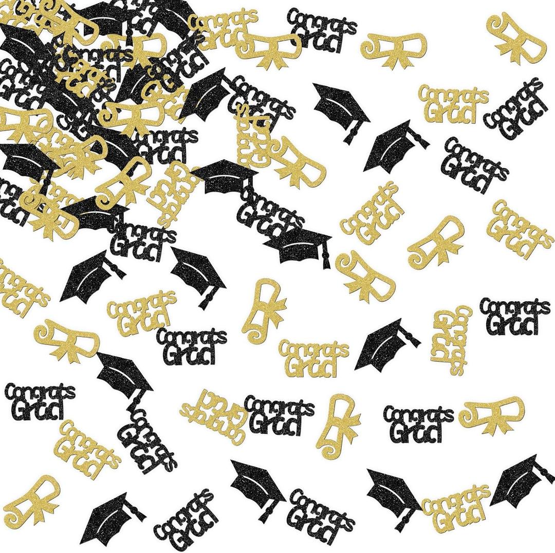 Graduation Party Confetti Decorations, Black and Gold Glitter, Congrats Grad and Cap Design, for 2025 Graduation Party Supplies