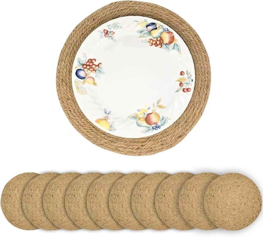 13.8 Inch Round Jute Placemats Set of 10  Boho Rustic Woven Table Mats & Charger Plates, Heat Resistant & Easy to Clean, Handwoven Farmhouse Table Decor for Dining, Kitchen, Weddings & Home
