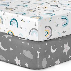 Pack n Play Sheets, BROLEX 2 Pack Mini Crib Sheets,Stretchy Portable Fitted Playard Sheet Set, Convertible Playard Mattress Cover,Ultra Soft Breathable Material,Rainbow Stars