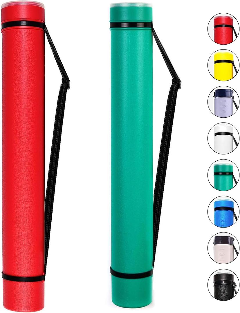 2-Pack Extendable Poster Tubes Expand from 24.5 to 40 with Shoulder Strap | Carry Documents, Blueprints, Drawings and Art | Red and Green Portable Durable Round Storage Cases with Lids and Labels, large