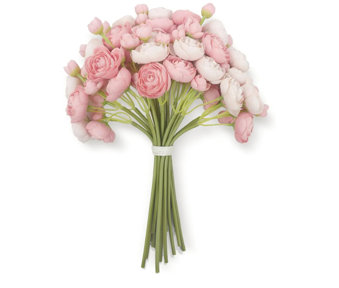 18pcs Mini Ranunculus Artificial Flowers (1.5" Head) - Premium Faux Silk Filler Flowers for Wedding Bouquet, DIY Centerpieces - Vibrant Green Stems (Fresh Look) - Dusty Rose