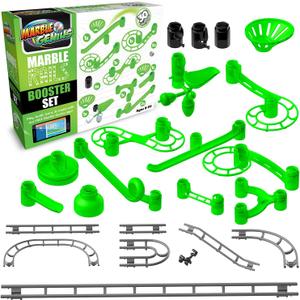 Marble Genius Add-on Accessory Marble Rails Booster Set, 30 Piece Marble Run for Kids 8+ (Action Rails, Jumps, Swings, Tubes & 12 Glass Marbles), STEM, Great for Kids & Teens