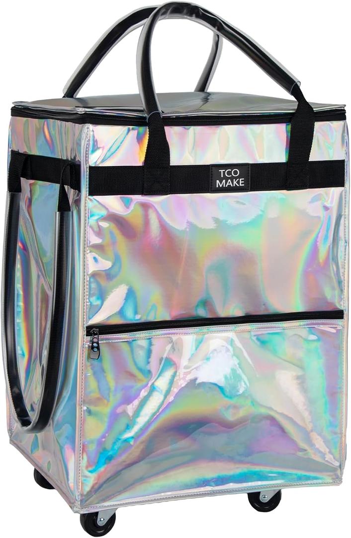 Reusable Grocery Bag on Wheels, Rolling Shopping Bags with Wheels and Handle, Folding Rolling Tote Trolley, 3 Pockets and Zipper Cover, Carries Up to 46 LBS (Medium, Phantom White)