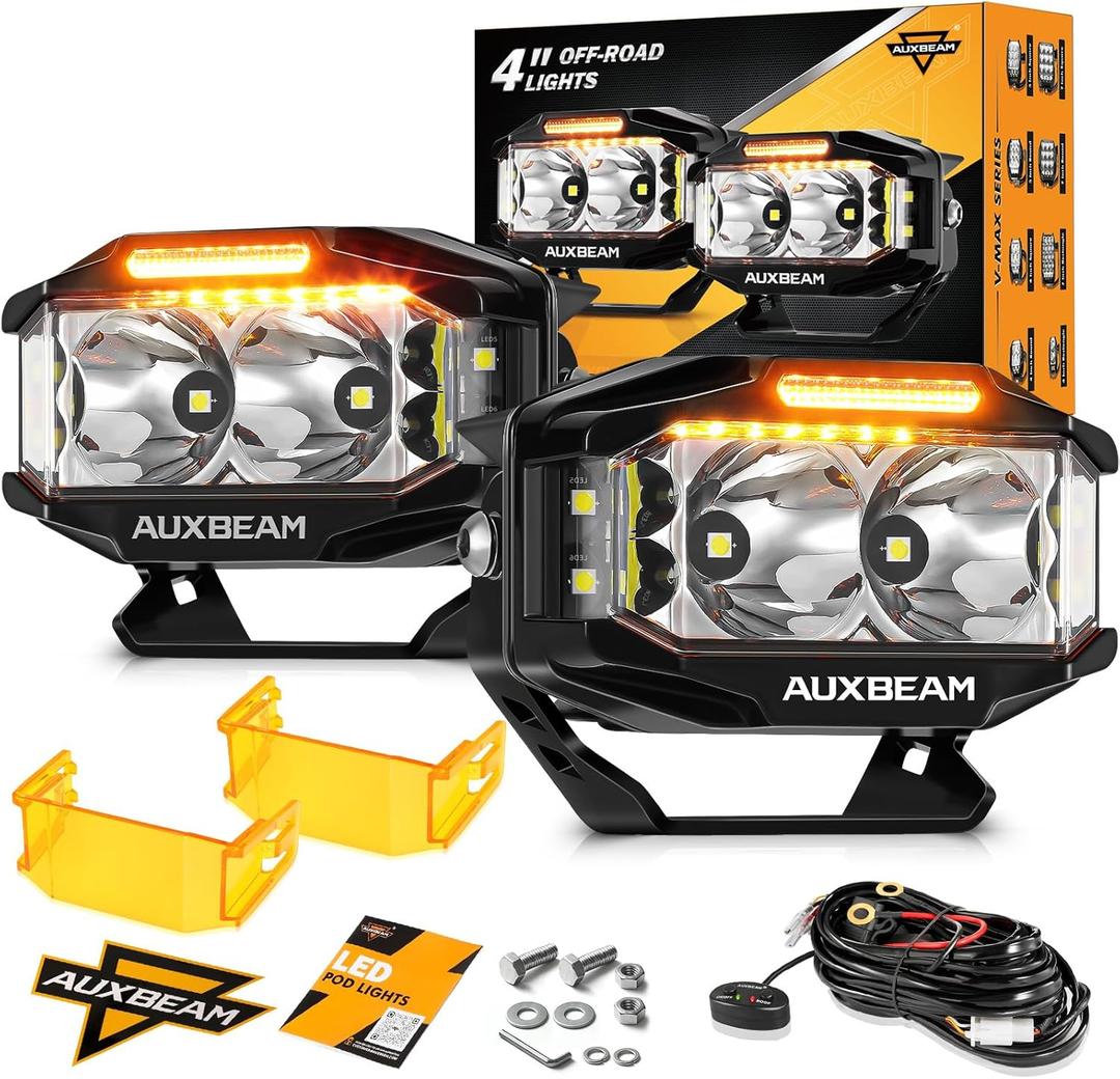 Auxbeam V-MAX Series LED Light Pod, 270 Side Shooter LED Offroad Lights with Amber DRL, 4 Inch Auxiliary Ditch Light for Truck ATV Jeep Ford