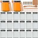 Woaiwo-q 10 oz Honey Jars with Dipper, 20 Pack Hexagon Glass Jars with Black Lids, Wooden Honey Sticks for Baby Shower Favors/Wedding Favors for Guests