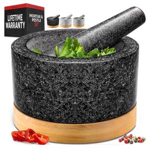 PriorityChef Heavy Duty Mortar and Pestle Set with Bamboo Base, 100% Natural Granite Stone Grinder, Guacamole Bowl and Masher, 1.5 Cups, Black