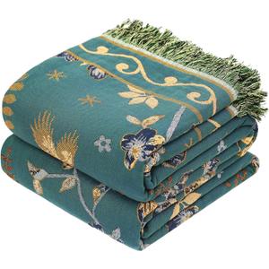 VANJOROY Boho 100% Organic Cotton Muslin Throw Blanket 50" x 60" - All Season Rustic Ultra Soft Breathable Floral Bird Blanket for Bed Sofa Couch Chair Bedspread Quilt Gift-Teal/Beige