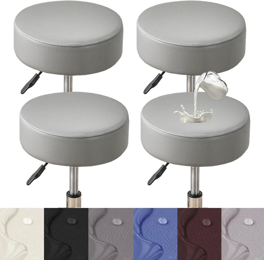 HFCNMY Stool Covers,4Pcs Stretch Waterproof PU Bar Stool Covers Round,Leather Bar Stool Seat Cover,Round Barstool Cover Slipcover with Elastic Bands for 12-15 in Medium,Light Gray