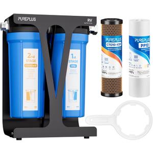 PUREPLUS RV Dual Stage Water Filter System, Includes Two Cartridges and Mounting Bracket, NSF/ANSI 42 Certified, Reduces Sediment, Heavy Metals, Chlorine and More, with Stainless Steel 3/4" Fittings