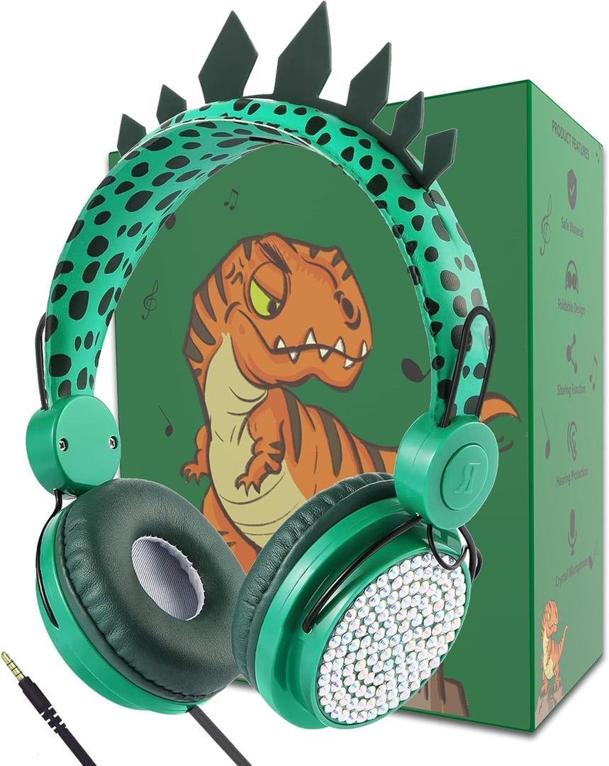 Kids Headphones,Dinosaurs Wired Headsets for Boys&Girls,Built-in Mic&On/Over Ear HD Stereo for Online Study/School/Tablet with Nylon Cable (Green)