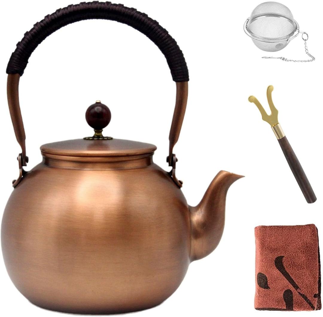 47.3oz Copper Tea Kettle for Stovetop Safe, Chinese Style Non-Coating Pure Copper Teapot with Filter Holes and Tea Ball for Loose Tea, Handmade Solid Copper Tea Pot with Non Slip Handle(1400ml)