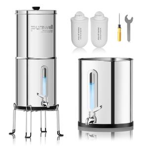 Purewell Upgraded 9-Stage Gravity Water Filter System with Water Level Window, 0.01μm Ultra-Filtration Countertop System with 2 Filters and Stand, pH 8-9, Reduce 99% Chlorine, BO-PH-2.25G