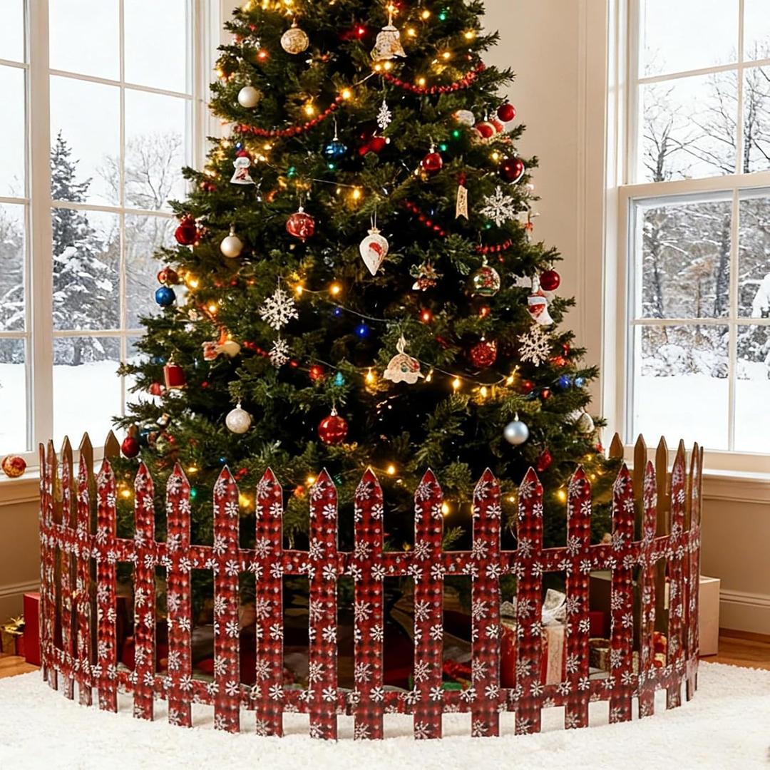 30 Pcs Christmas Tree Fences Christmas Tree Gate Buffalo Plaid Wooden Picket Fences Barrier Wood Gate for Pets Dog Cat Home Xmas Holiday Garden Party, 12 x 144 Inch(Snowflake)