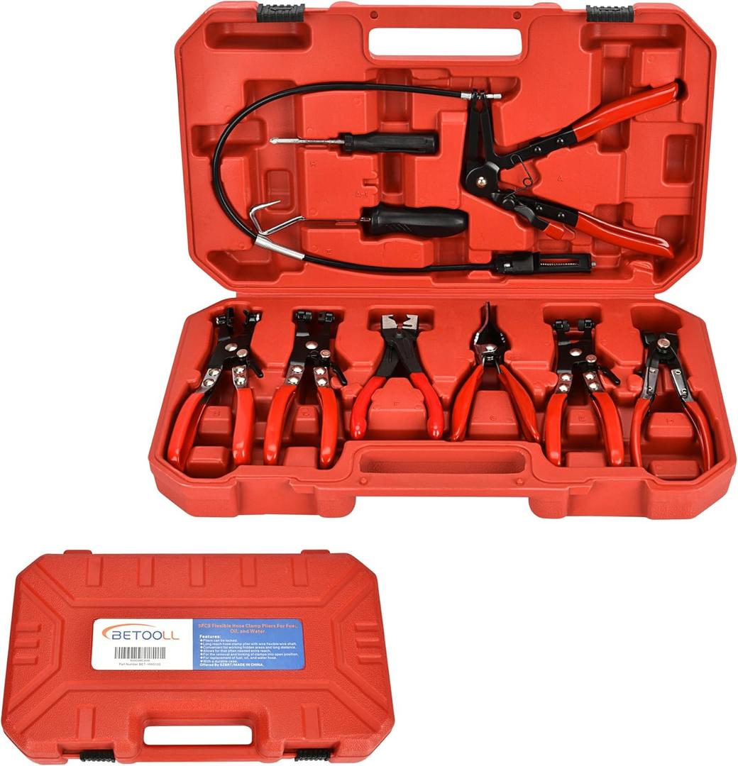 BETOOLL 9pc Hose Clamp Pliers, Professional Automotive with Flexible Wire Long Reach, Clic R Type Swivel Jaw and Flat Band Pliers,Hose Clamp Tool for Coolant Radiator Heater/Water Hose (Red)